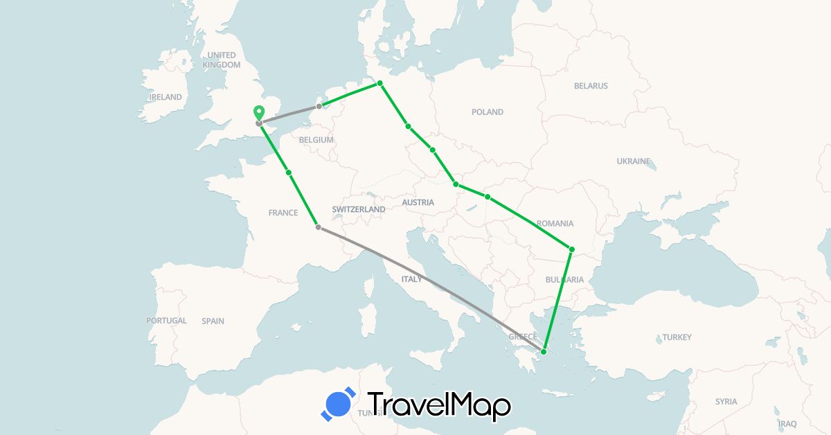 TravelMap itinerary: driving, bus, plane in Austria, Czech Republic, Germany, France, United Kingdom, Greece, Hungary, Netherlands, Romania (Europe)